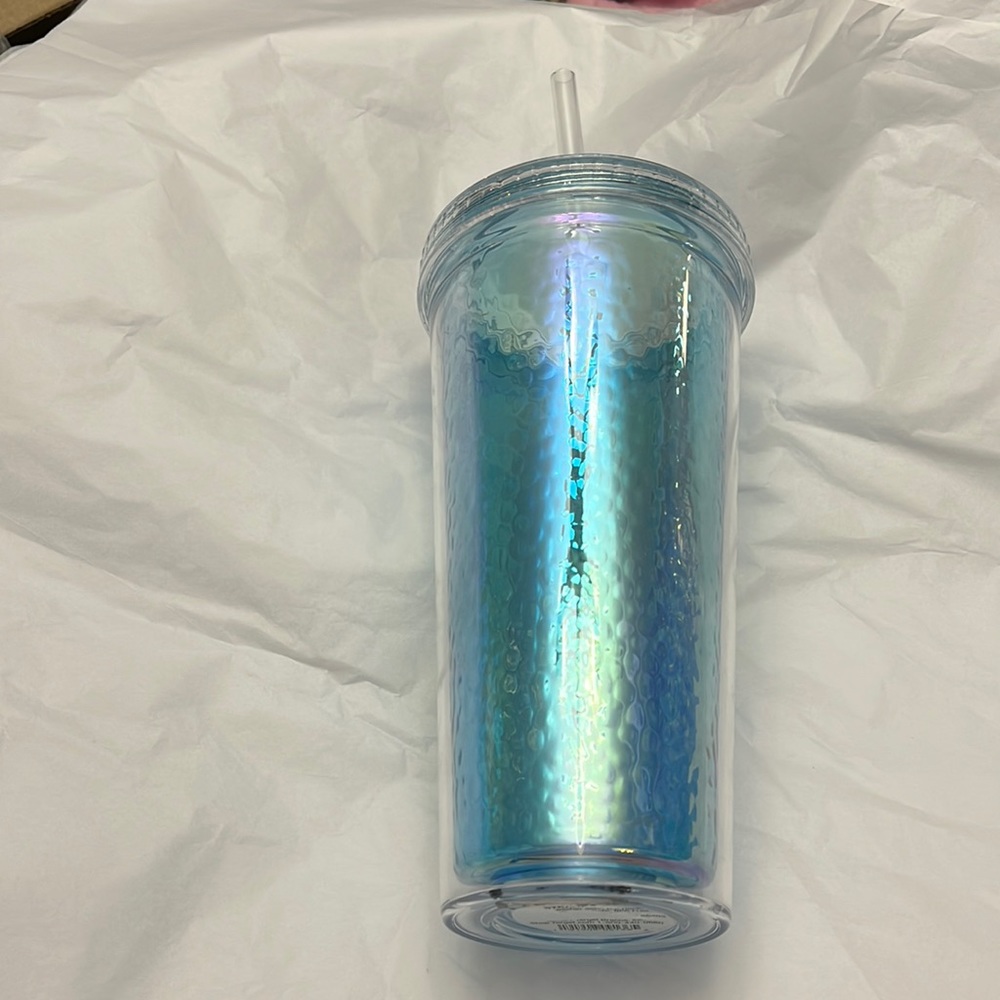 NWT SUN SQUAD hammered look iridescent double wall tumbler with straw